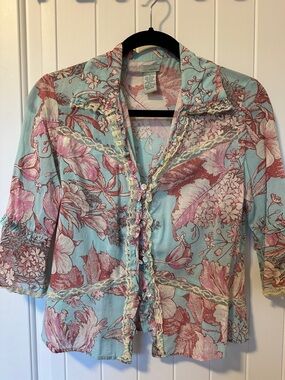Odille Floral Button-Front Top in Aqua and Pink